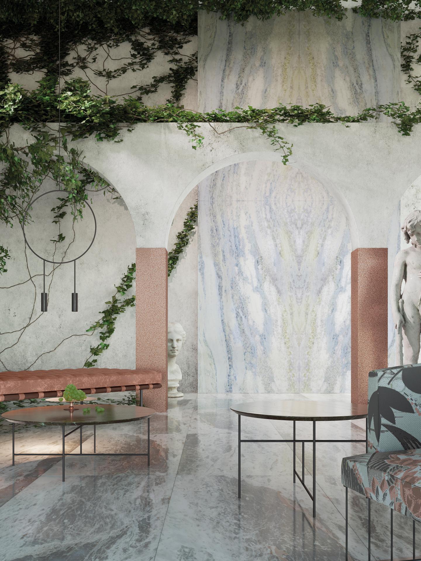 marmormural i grönskande restaurangvalv