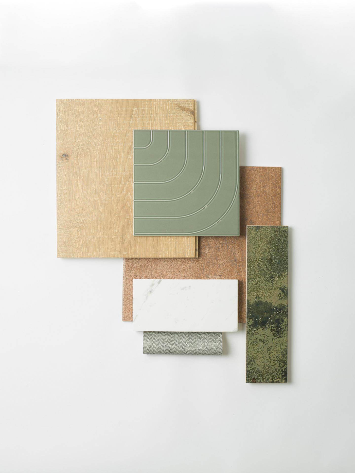 Utvalda materialprover: glaserat kakel, ek, marmor och natursten