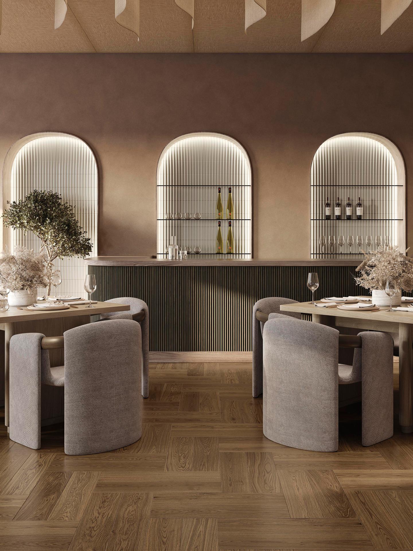 restaurangbar med belysta valv och plyschstolar